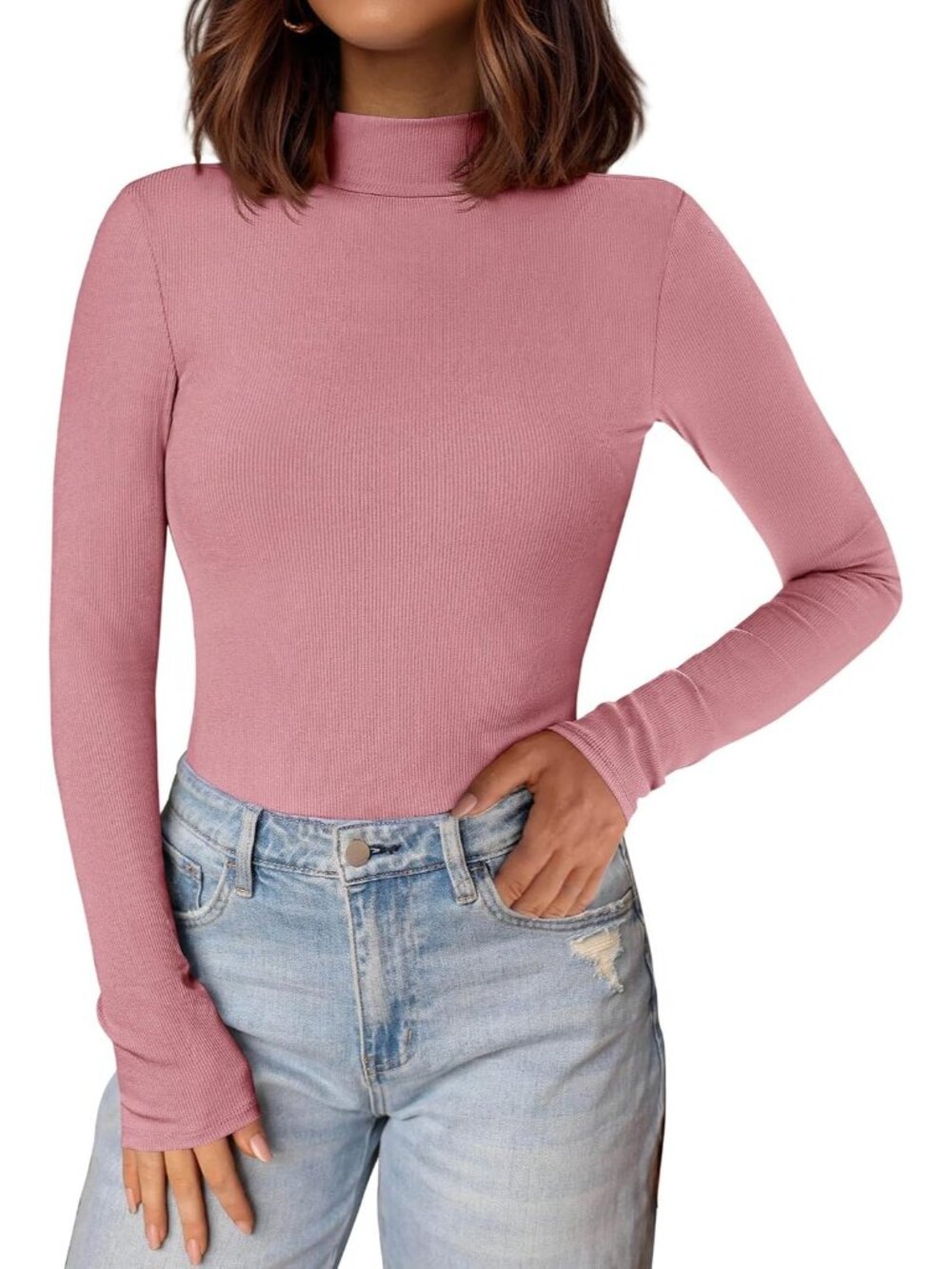 Women's Pink Ribbed Knit Mock Turtleneck Long Sleeve Undershirts Slim Fit Top